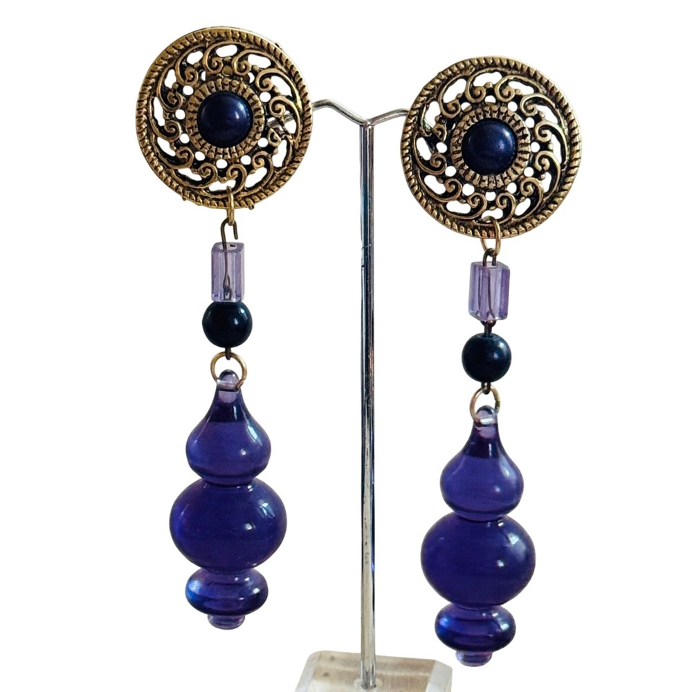 VTG 80s Runway Long Clip Earrings Statement Retro Dangle purple Lucite Italy 5"
